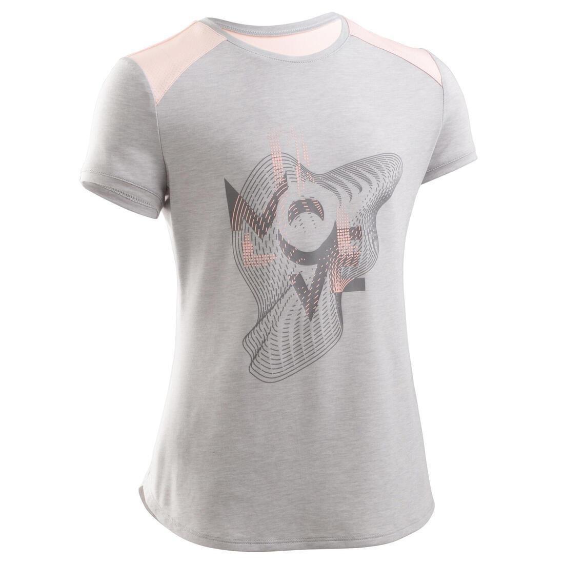 DOMYOS - Girls Breathable Short-Sleeved Gym T-Shirt500 Print, Pale Grey