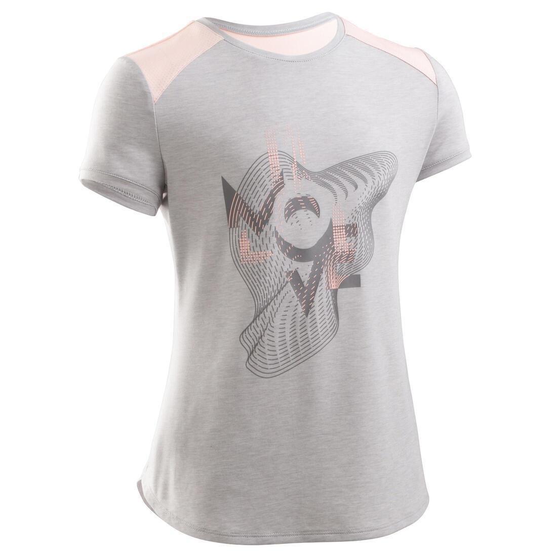 DOMYOS - Girls Breathable Short-Sleeved Gym T-Shirt500 Print, Pale Grey