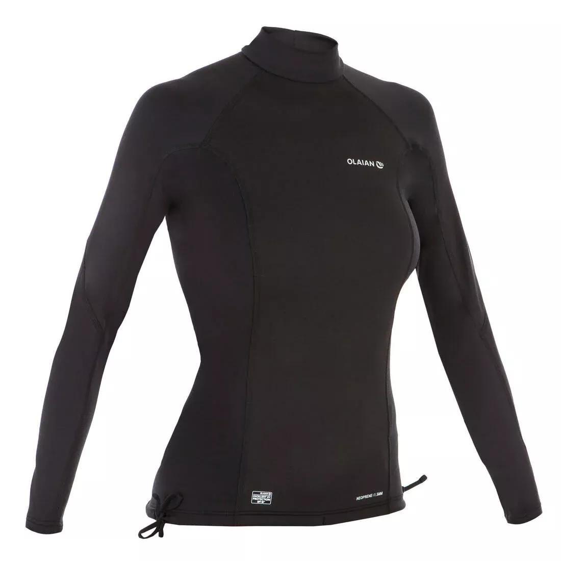 BLACK T-shirt anti-UV surf neoprene and fleece long sleeve women's black, , large image number 0
