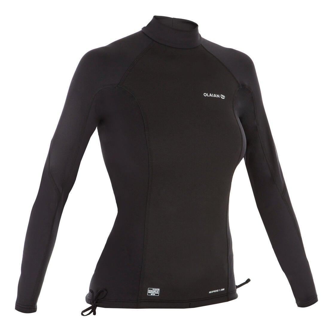 BLACK T-shirt anti-UV surf neoprene and fleece long sleeve women's black, No Color, medium