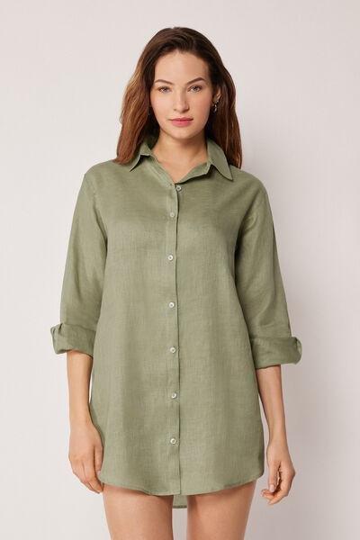 Green Button Fastening Linen Shirt, 5501_204E, large image number 0