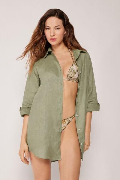 Green Button Fastening Linen Shirt, 5501_204E, large image number 1