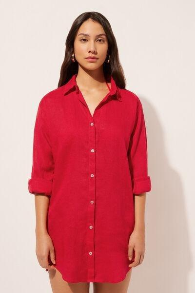 Red Linen Shirt Dress, , large image number 1