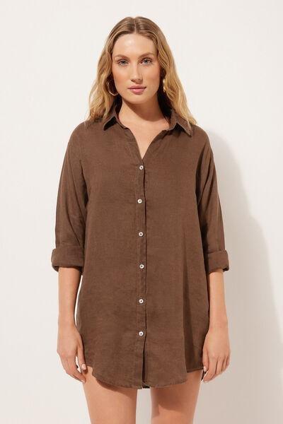 Brown Linen Shirt Dress, , large image number 1