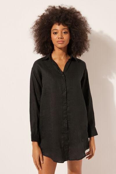 Black Linen Shirt Dress, , large image number 1
