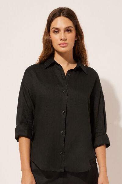 Black Short Linen Shirt, , large image number 1