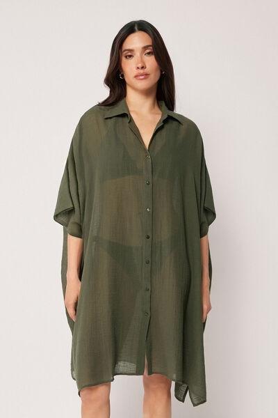 Green Button Fastening Shirt Kaftan, 5501_064E, large image number 0
