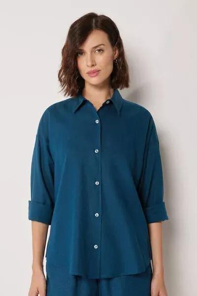 Navy Short Linen And Viscose Shirt, 5501_205E, large image number 0