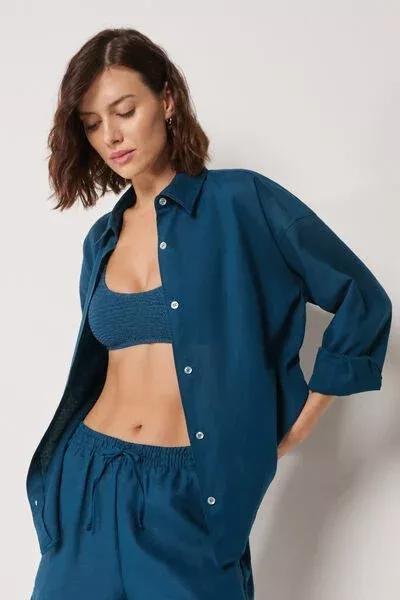 Navy Short Linen And Viscose Shirt, 5501_205E, medium