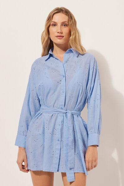 Blue Long Broderie Anglaise Shirt, , large image number 1