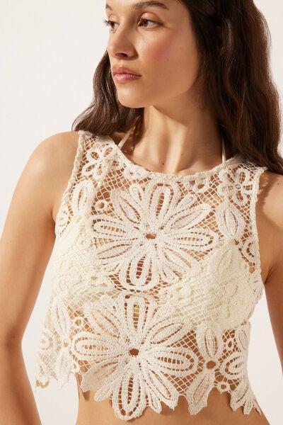 White Floral Crochet Top, 5501_019E, large image number 3