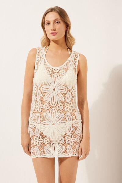 White Short Floral Crochet Dress, , large image number 1