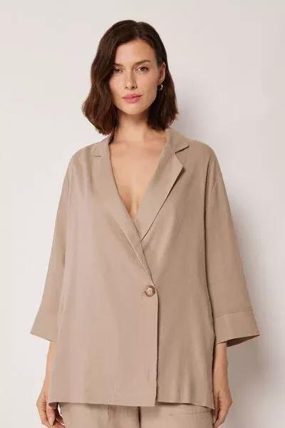 Beige Loose Fit Linen Blazer, 5501_079E, large image number 0