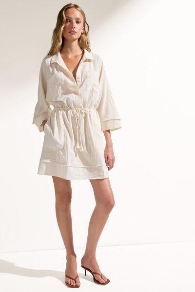 White V-Neck Mini Shirt Dress, 5501_206E, large image number 0