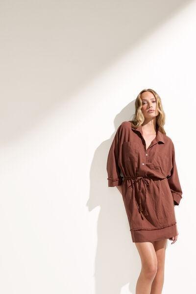 Brown V-Neck Mini Shirt Dress, 5501_233E, large image number 0
