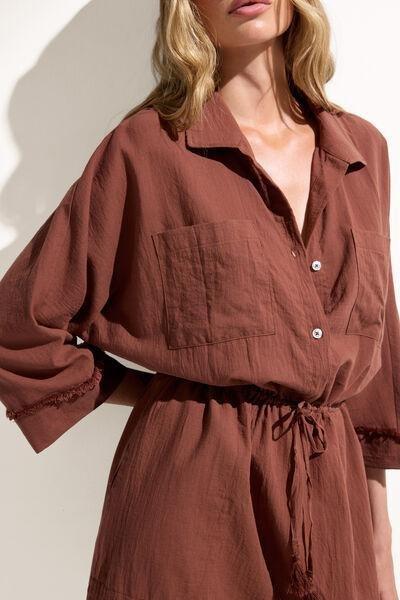 Brown V-Neck Mini Shirt Dress, 5501_233E, large image number 3