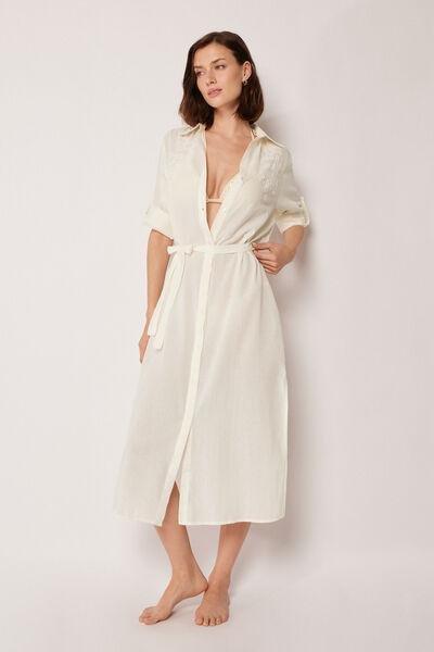 White Long Cotton Shirt Dress, 5501_019E, large image number 1