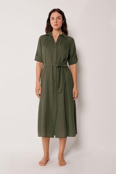 Green Long Cotton Shirt Dress, 5501_064E, large image number 0