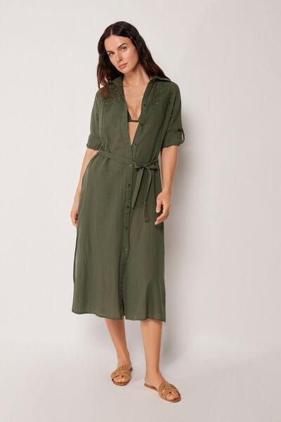 Green Long Cotton Shirt Dress, 5501_064E, large image number 1