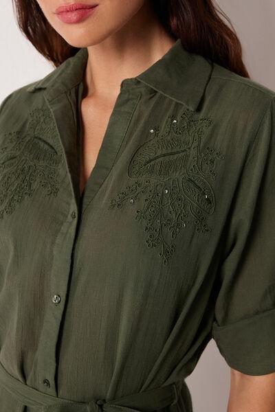 Green Long Cotton Shirt Dress, 5501_064E, large image number 3