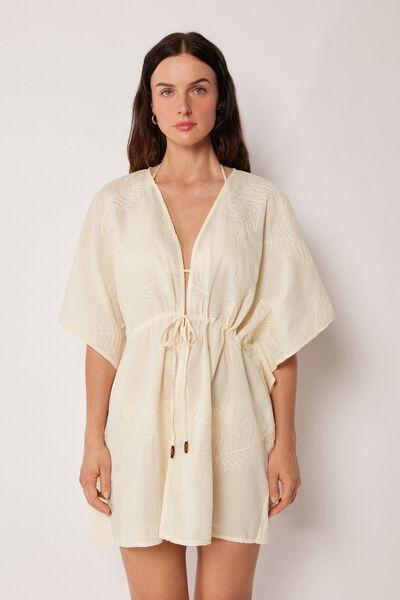 White Embroidered Short Cotton Kaftan, 5501_206E, large image number 0