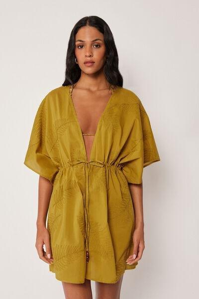 Green Embroidered Short Cotton Kaftan, 5501_207E, large image number 0