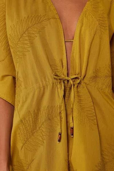 Green Embroidered Short Cotton Kaftan, 5501_207E, large image number 3