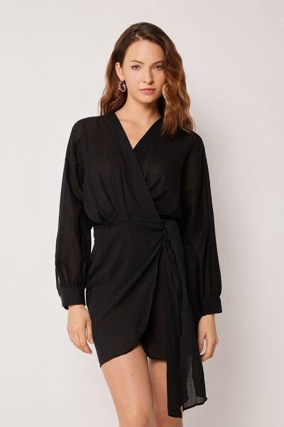 Black Short Cotton Wrap Dress, 5501_894C, large image number 0