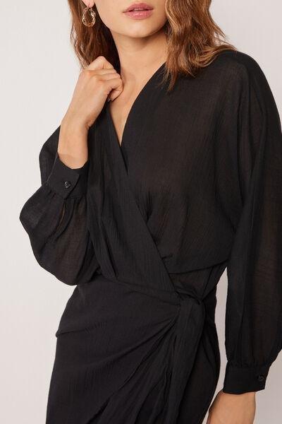 Black Short Cotton Wrap Dress, 5501_894C, large image number 3