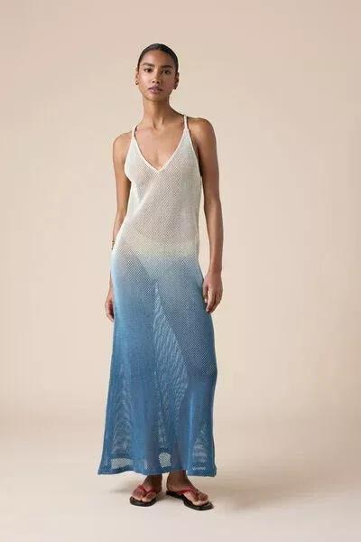 Blue Long Mesh Cotton Dress, 5501_286E, large image number 0