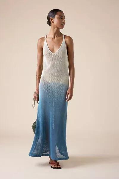 Blue Long Mesh Cotton Dress, 5501_286E, large image number 1