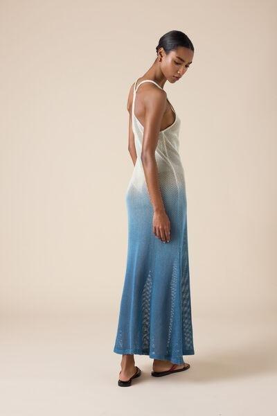 Blue Long Mesh Cotton Dress, 5501_286E, large image number 2