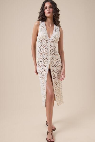 White Sleeveless Crochet Maxi Gilet, 5501_291E, large image number 0