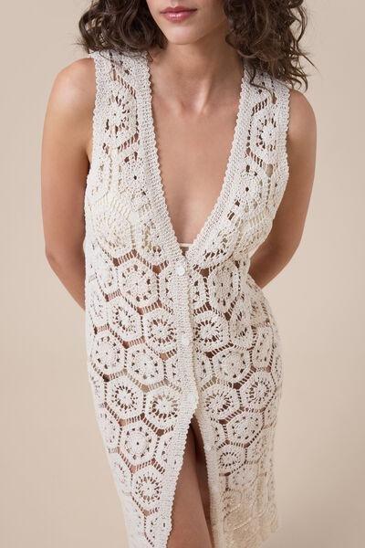 White Sleeveless Crochet Maxi Gilet, 5501_291E, large image number 3
