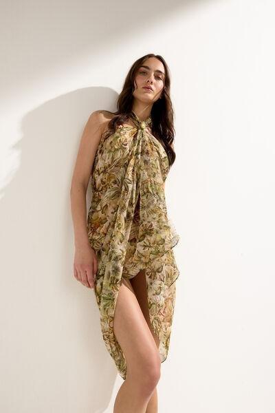 Beige/Green Foliage Long Tropical Print Sarong, 5501_144E, large image number 1