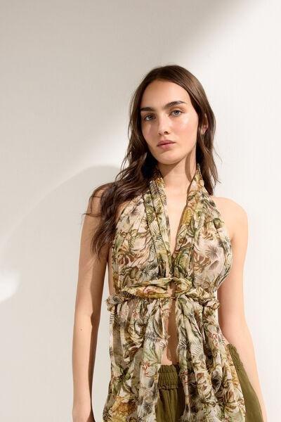 Beige/Green Foliage Long Tropical Print Sarong, 5501_144E, large image number 3