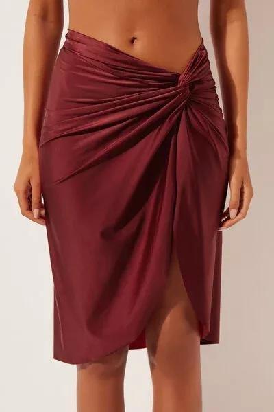 Red Shiny Satin Pareo Skirt, 5501_156E, large image number 0