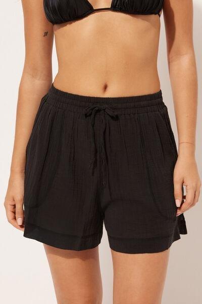 Black Elastic Waist Shorts, , large image number 1