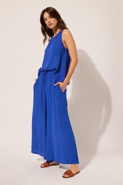 Blue Crinkle Palazzo Trousers, , large