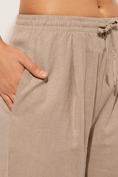 Beige Linen And Viscose Palazzo Trousers, 5501_079E, large image number 3