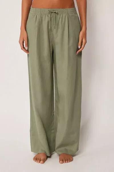 Green Wide Leg Linen And Viscose Palazzo Pants, 5501_204E, large image number 0