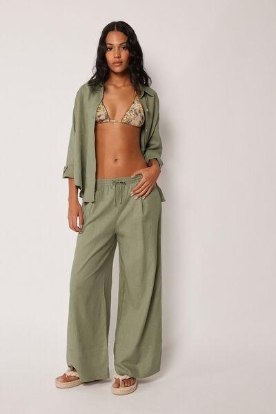 Green Wide Leg Linen And Viscose Palazzo Pants, 5501_204E, large image number 1