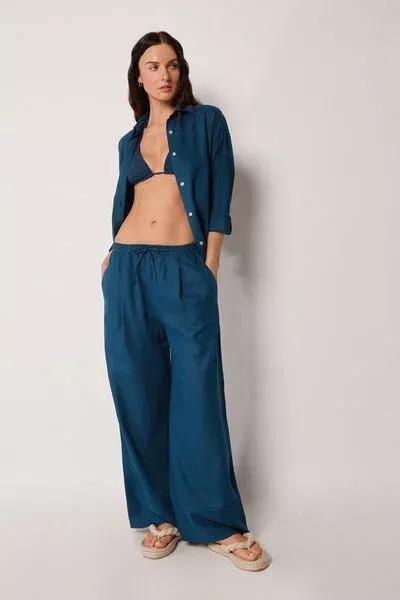 Navy Wide Leg Linen And Viscose Palazzo Pants, 5501_205E, large image number 1