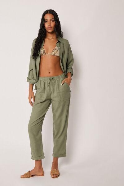 Green Wide Leg Linen And Viscose Pants, 5501_204E, large image number 1