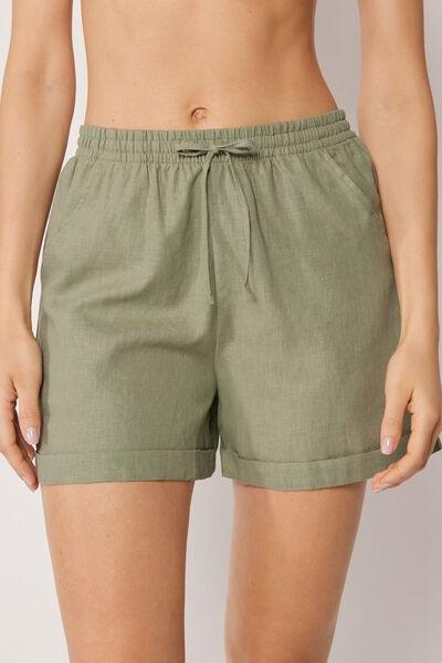 Green Wide Leg Linen And Viscose Shorts, 5501_204E, large image number 0