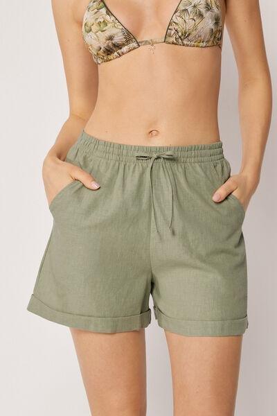 Green Wide Leg Linen And Viscose Shorts, 5501_204E, large image number 1