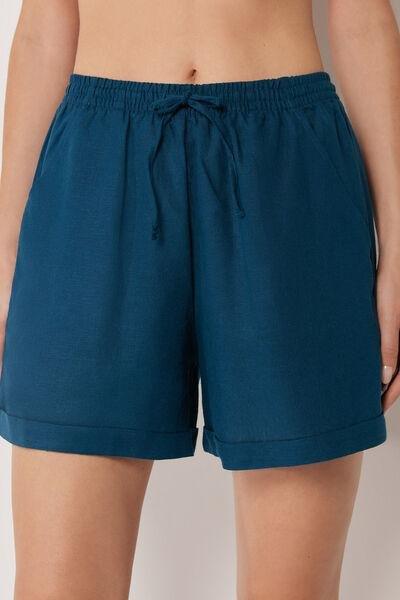 Navy Elasticated Waist Linen And Viscose Shorts, 5501_205E, large image number 0