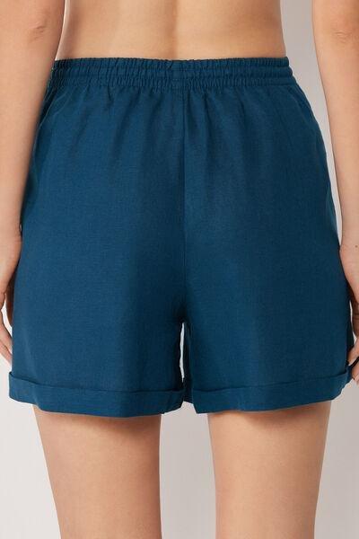 Navy Elasticated Waist Linen And Viscose Shorts, 5501_205E, large image number 2