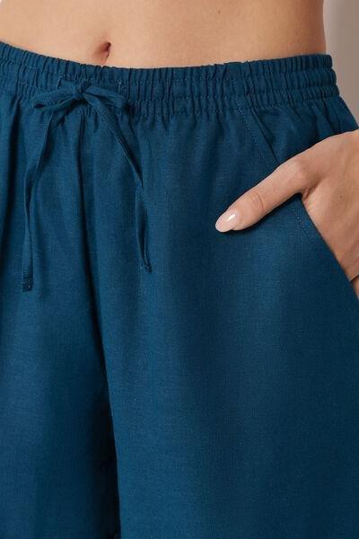 Navy Elasticated Waist Linen And Viscose Shorts, 5501_205E, large image number 3