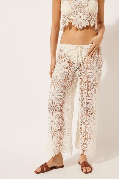 White Floral Crochet Palazzo Trousers, , large image number 0